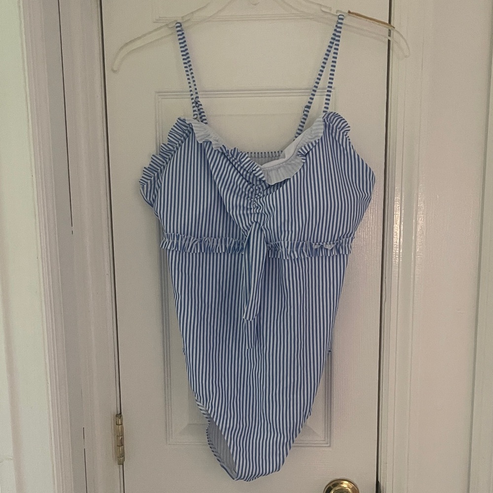 Blue and White Striped Ruffle One-Piece Swimsuit